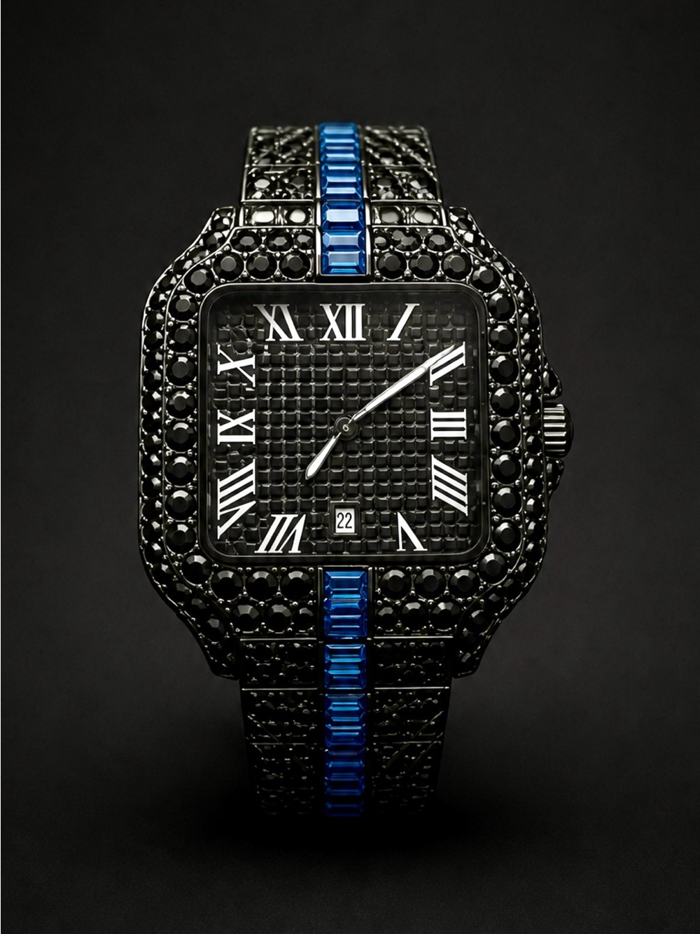 Black and Blue Men's Crystal Bracelet Watch - Luxury Dress Watch